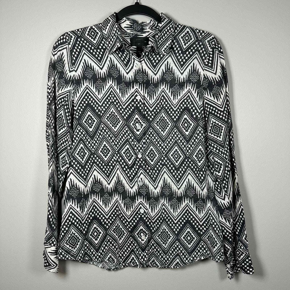 J.Crew Size 8 Shirt Black White Long Sleeve Ikat Geometric 100% Linen Button Up